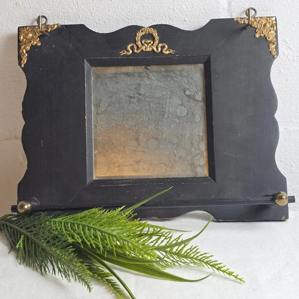 Antique French Black Scalloped Wall Mirror Brass Ormolu Hooks Entryway Organizer